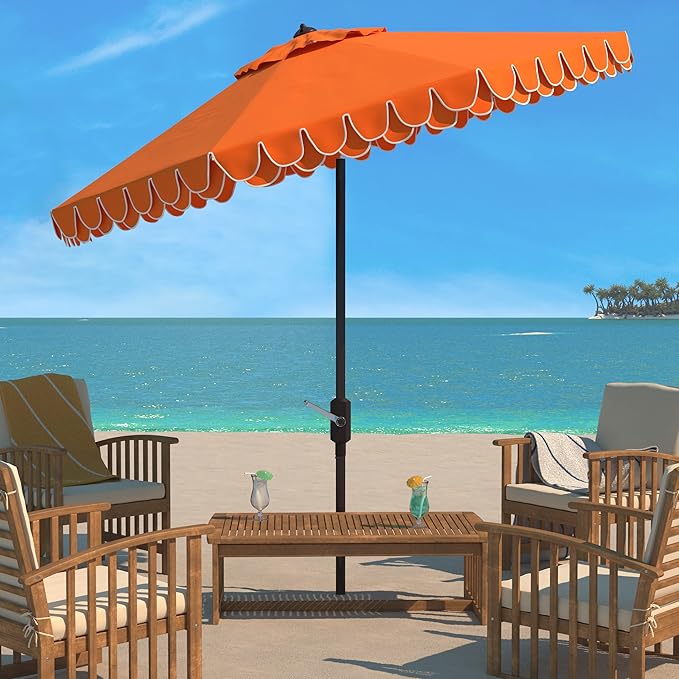 SAFAVIEH 9ft Outdoor Patio Umbrella, Round, Valance, Orange, Auto Crank Tilt, UV Resistant for Deck, Backyard, Poolside (PAT8006O) - Image 2