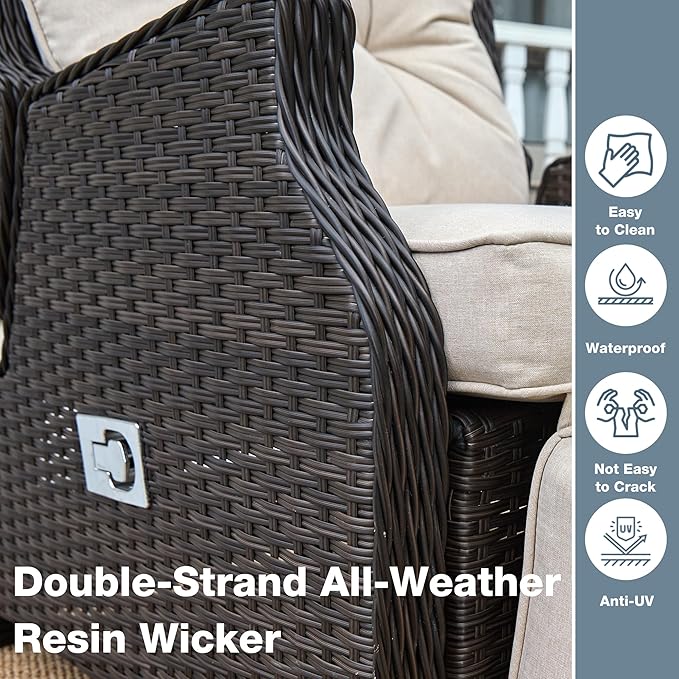 Outdoor Indoor Wicker Recliner with Adjustable Back and Footrest, Patio Reclining Chair with Flip-up Table, Outdoor Rattan Lounge Chair, Beige 2PCS - Image 6