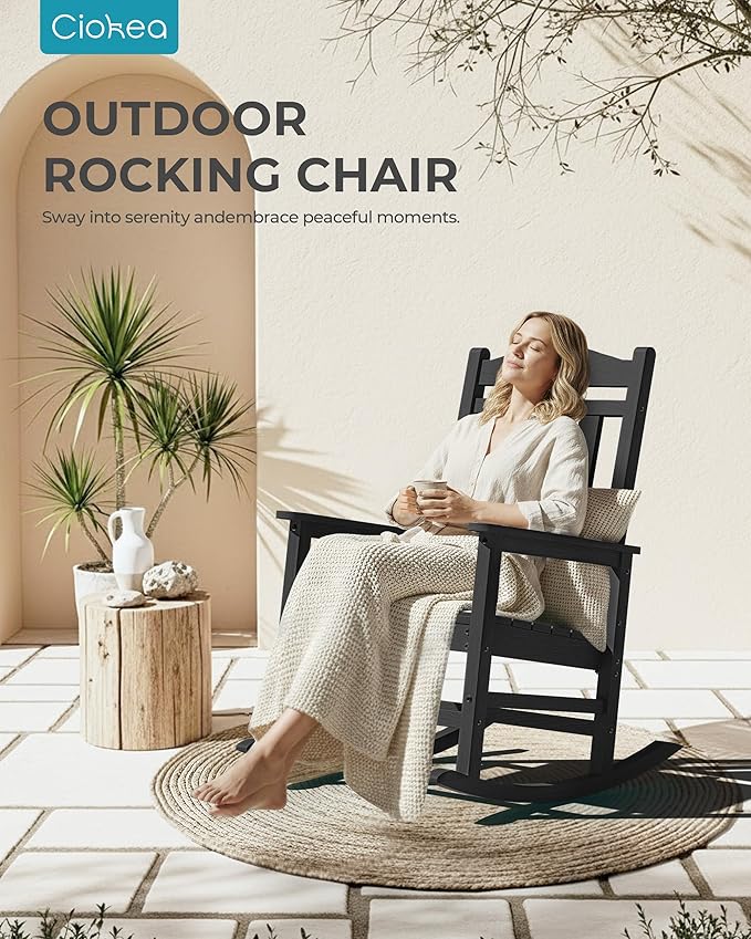 Ciokea Oversized Outdoor Rocking Chairs Set of 3, 380lbs Heavy-Duty Large Patio Rocker, High Back Cozy Porch Chairs, Weather Resistant Patio Rocking Chairs for Outside, Fire Pit, Deck, Black - Image 8