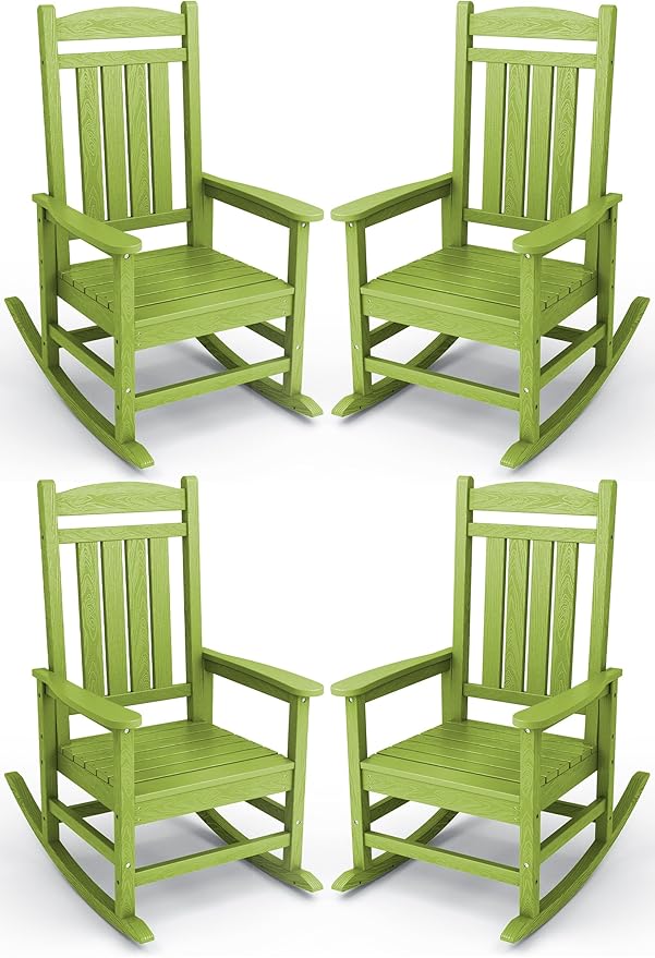 KINGYES HDPE Outdoor Rocking Chair Set of 4, All-Weather Poly Patio Rocking Chairs with 330lbs Support for Adults, Pistachio Green by KINGYES