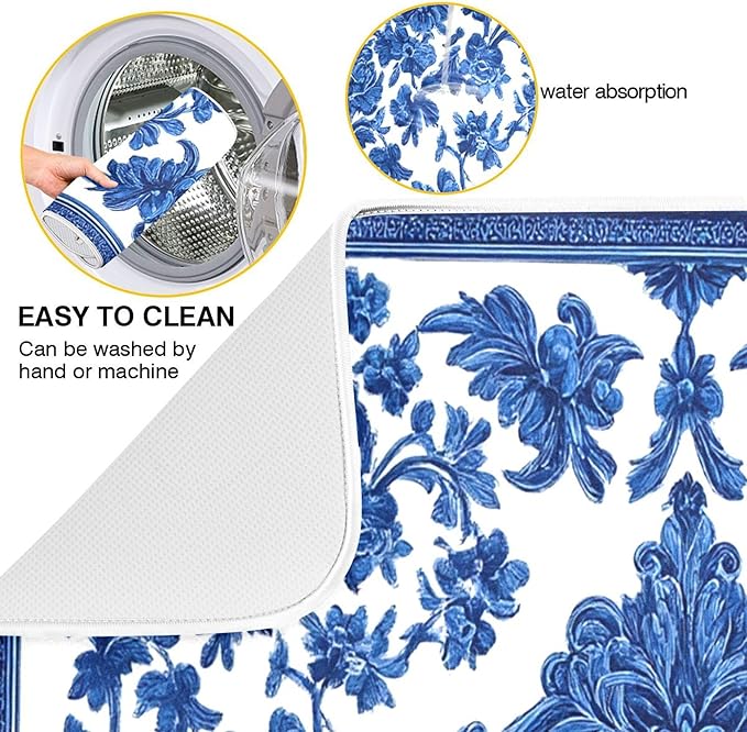 Blue White Porcelain Floral Dish Drying Mat - Image 2