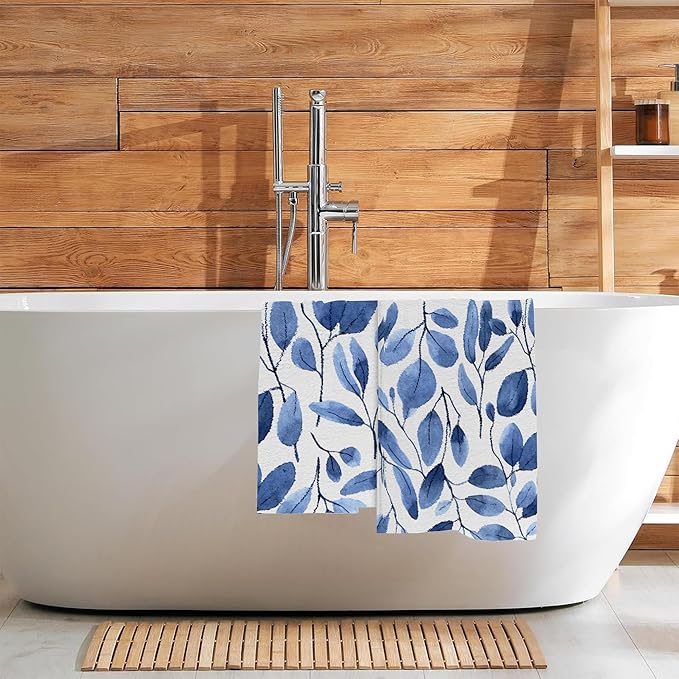 Blue Eucalyptus Leaves Bathroom Hand Towel Set of 2, Watercolor Botanical Plant - Image 7