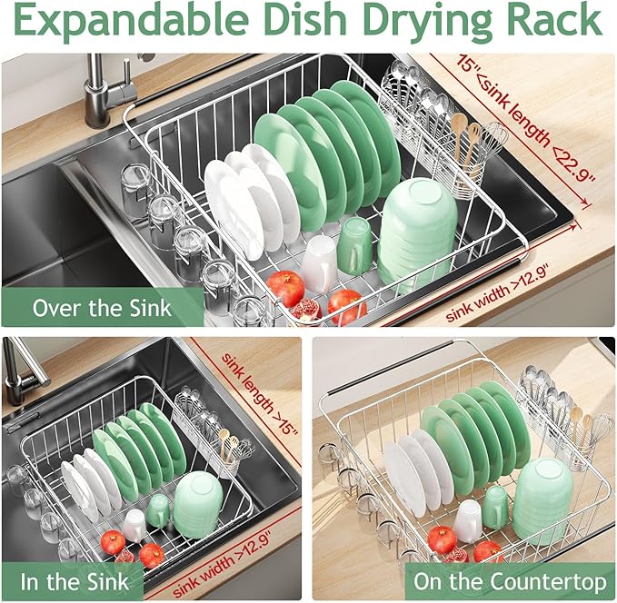 Dish Drying Rack in Sink, Extendable Stainless Steel Dish Drainers - Image 3