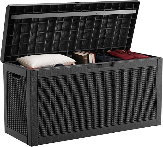 DRATO 60 Gallon Deck Box, Waterproof Resin Large Outdoor Storgae Box for Patio Furniture, Patio Cushions, Gardening Tools, Pool Supplies, Lockable（Black，60 Gallon） by DRATOprovidesawarmandcozy