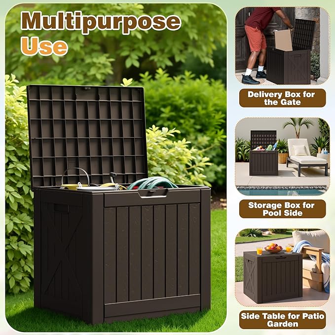 Flamaker Resin Deck Box 40 Gallon Waterproof Outdoor Indoor Storage Box Imitation Wood Resin for Patio Furniture Garden Tools and Pool (Deep Brown) - Image 5