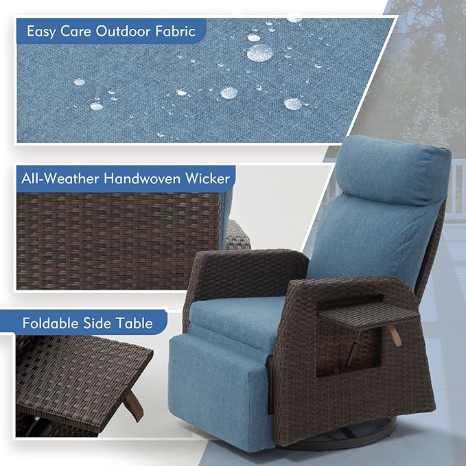 Adjustable Outdoor Recliner Chair with Independent Backrest & Footrest, Patio Swivel Recliner Chair, Wicker Reclining Patio Chair w/Flip-Up Table, 155° Lay Flat Chaise Lounge, Blue, 2PCS - Image 6