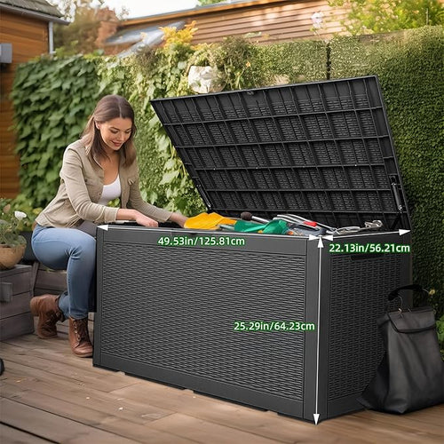 120 Gallon Outdoor Deck Box, Lockable Waterproof Outdoor Storage Boxes For Garden Tools,Indoor Cushions,Accessories Outside Storage Resin Weatherproof Container(Black) - Image 2