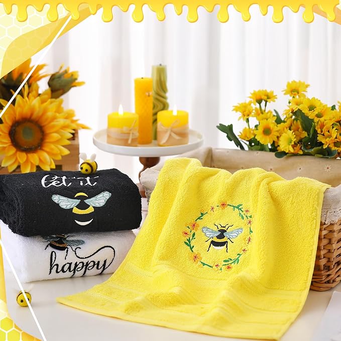 Bee Hand Towels Farmhouse Summer Yellow Bathroom Decor 14x29 Inch Embroidered - Image 3