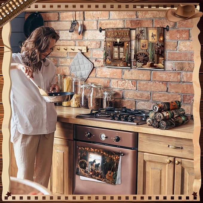 Breling 6 Pcs Western Cowboy Scene Kitchen Towel Wooden House Barn Vintage - Image 4