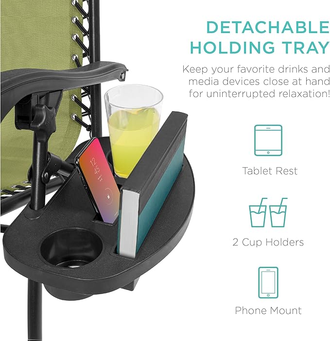 Best Choice Products Set of 2 Adjustable Steel Mesh Zero Gravity Lounge Chair Recliners w/Pillows and Cup Holder Trays - Dusty Green/Black - Image 5
