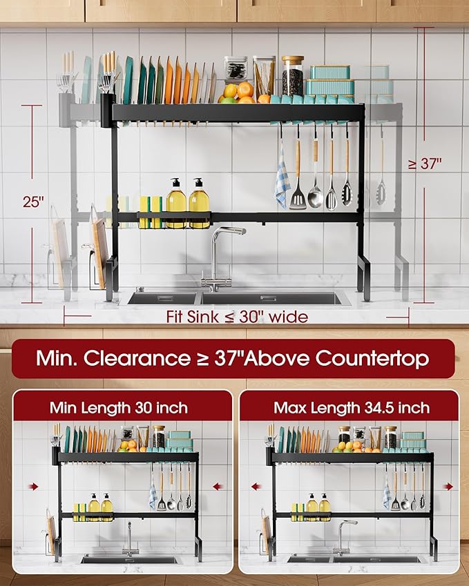 Over The Sink Dish Drying Rack, Expandable 2-Tier Stainless Steel Kitchen - Image 3