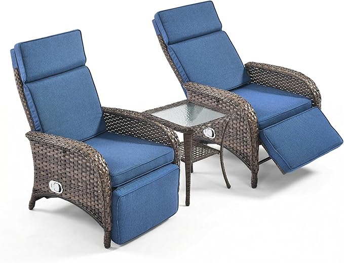 3 Pieces Zero Gravity Wicker Patio Recliner Chairs Set of 2 - Wicker Outdoor Lounge Chair with Side Table, Adjustable Backrest & Footrest, High Back Outdoor Recliner Chair for Pool Deck Blue - Image 7