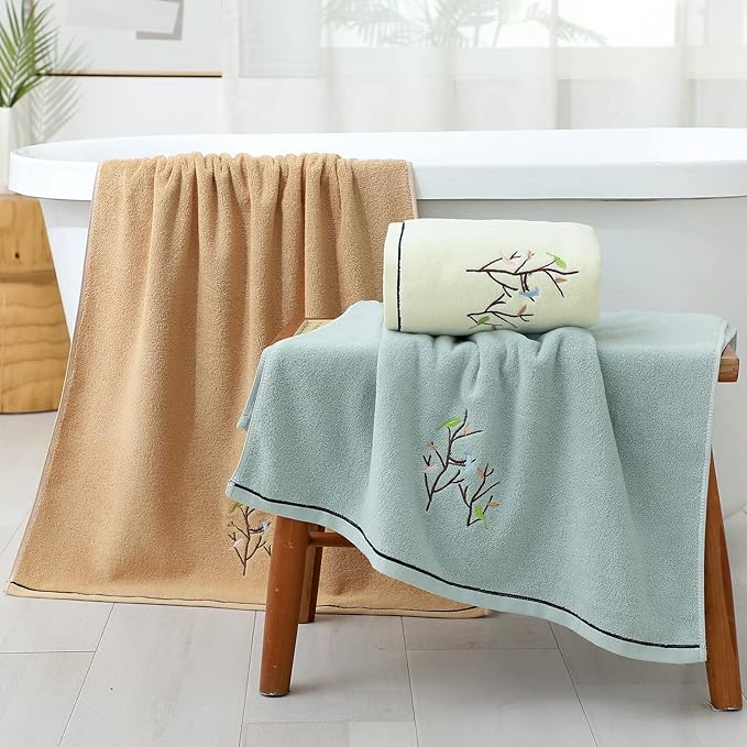 Pidada Bath Towel Embroidered Bird Tree Pattern 100% Cotton Soft Absorbent - Image 7