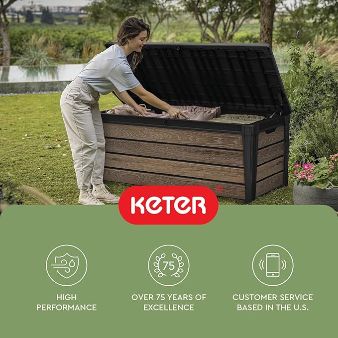 Keter Everwood 120 Gallon Resin Signature Collection Large Outdoor Storage Box for Patio Furniture, Outdoor Cushions, Garden Tools and Pool Gear, Walnut - Image 12