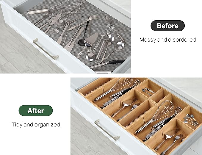 Kootek 6 Pcs Bamboo Drawer Organizer Utensil Tray Kitchen Storage Box 3-Size - Image 3