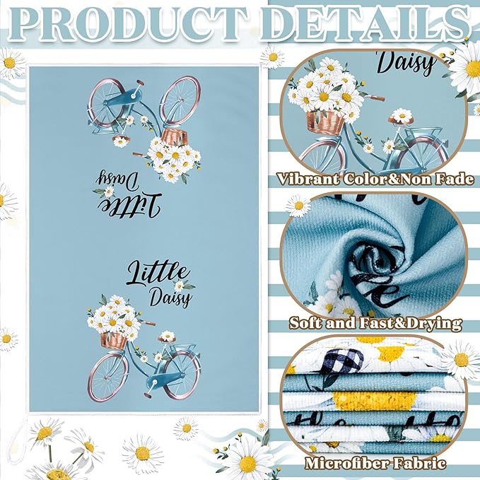 Boyiee Set of 6 Daisy Flower Kitchen Towels Daisy Stripes Tea Towels Floral - Image 6