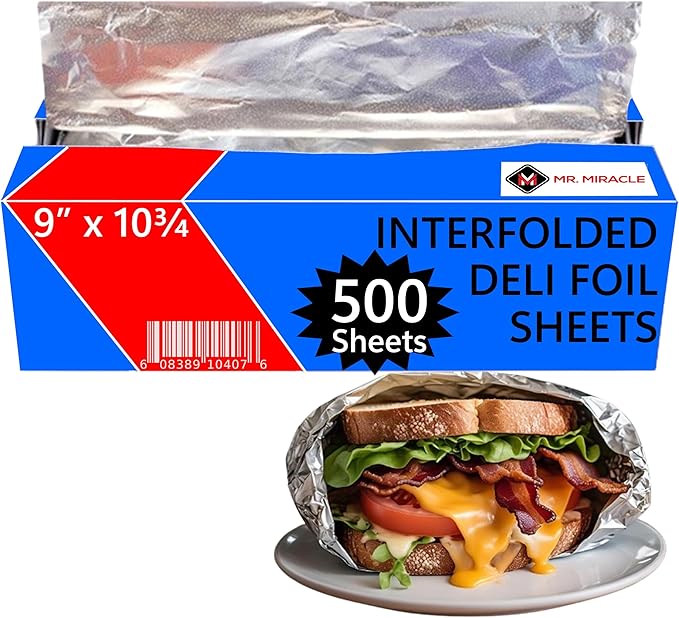 Box of 500 - Pre-Cut 9" Aluminum Foil Sheets - 9x10" Wide & Heat-Tolerant Deli by MrMiracle