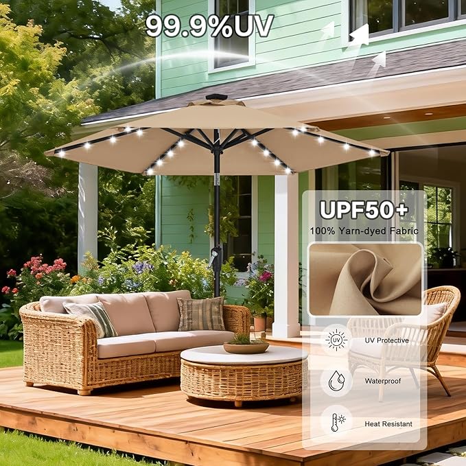 ABCCANOPY Durable Solar Led Patio Umbrellas with 24LED Lights 7.5FT with 6 Sturdy Ribs (Tan) - Image 5