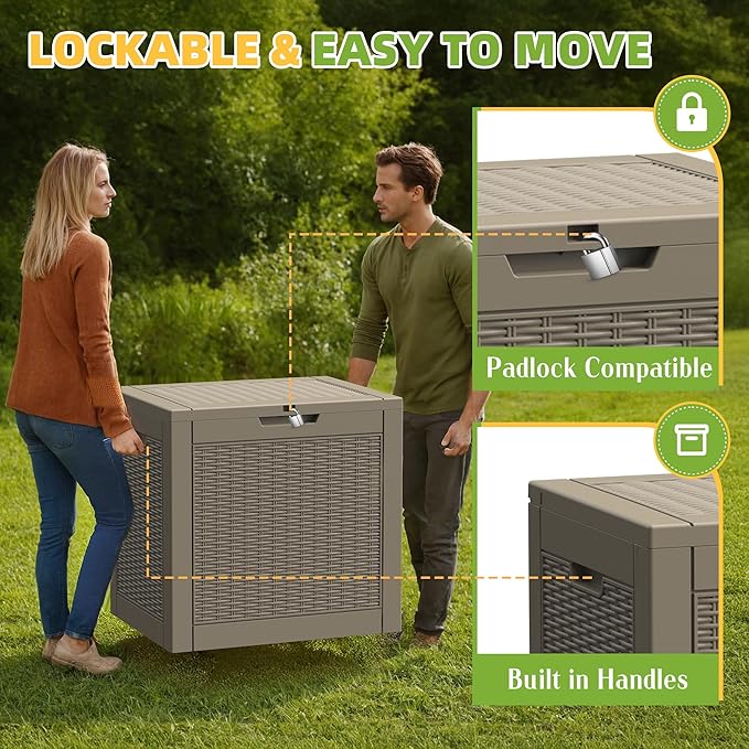 31 Gallon Outdoor Storage Box Weather Resistant UV Protection Waterproof Resin Deck Box for Garden, Patio, Porch, Delivery(Rattan Beige) - Image 4