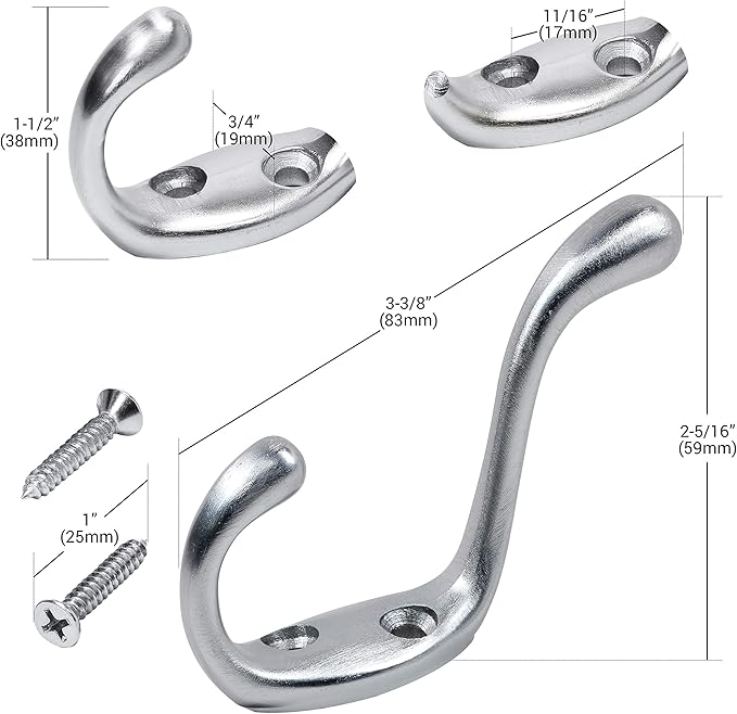 Rok Hardware Heavy Duty Dual Coat Hook, Brushed Chrome, 10 Pack ROKCH101BCH - Image 2