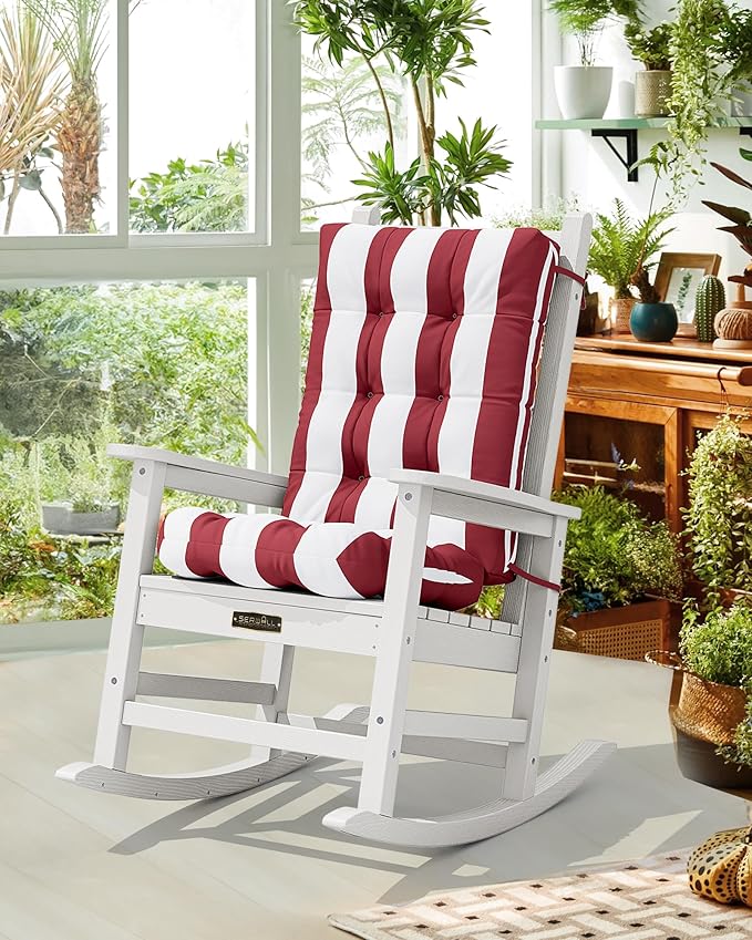 SERWALL HDPE Outdoor Rocking Chair Cushion Set of 2, Memory Foam Cushion Red White - Image 2