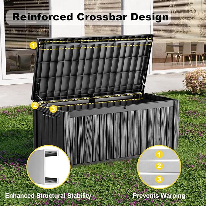 150 Gallon Outdoor Storage Box, Weather Resistant & Waterproof Resin Deck Box with UV Protection, Rattan Black Patio Storage Cabinet for Garden, Patio, Porch, Poolside(Black) - Image 4
