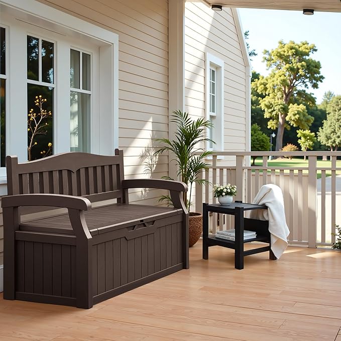 Flamaker 80 Gallon Storage Bench Outdoor Indoor, Durable All-Weather Seating with Hidden Storage, Lockable Deck Box for Garden, Patio, Poolside (Brown) - Image 2