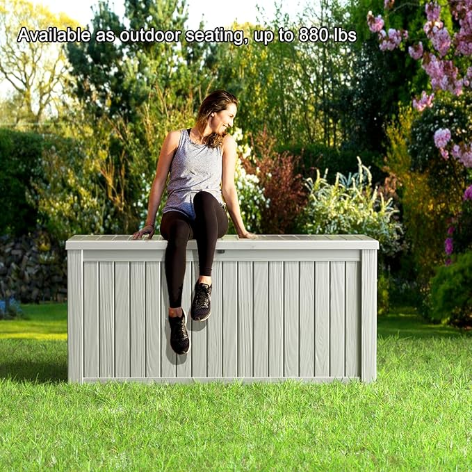 180 Gallon Resin Deck Box, Lockable Patio Outdoor Storage Box for Furniture, Garden Tools and Tools Storage, Waterproof Outside Storage Boxes - Grey - Image 7