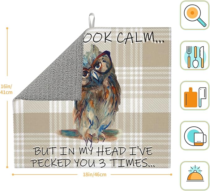 Funny Owl Dish Drying Mat for Kitchen Counter Cute Buffalo Plaid Drying Mat - Image 4