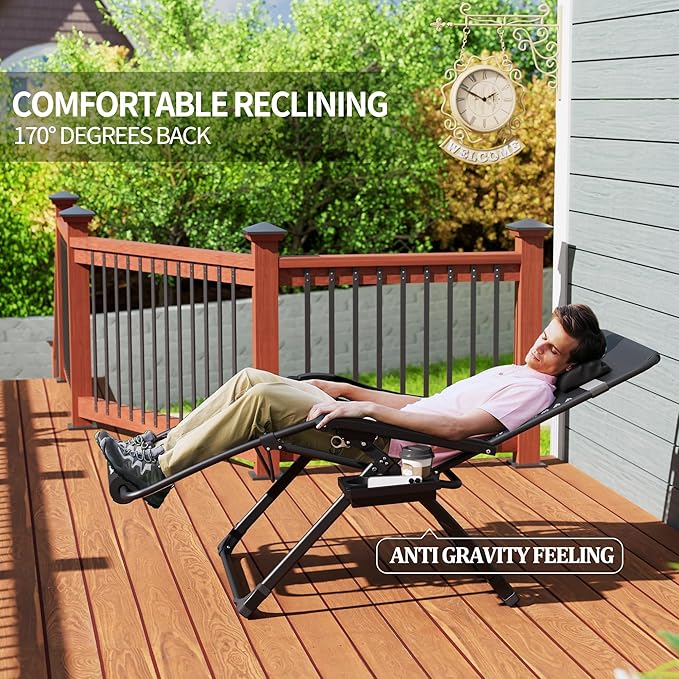 UDPATIO Oversized Zero Gravity Chair 33In XXL Patio Reclining Chair with Cushion, Outdoor Folding Recliner with Pillows, Cup Holder, Foot Rest & Padded Headrest, Support 500LB (2, Dark Grey-XL) - Image 6