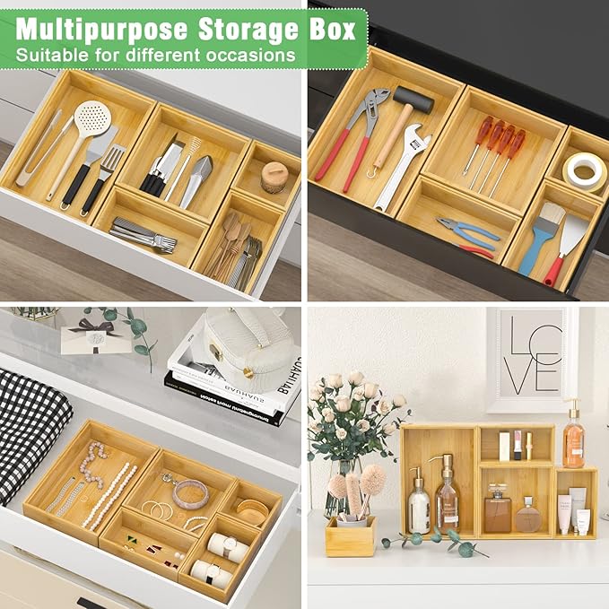 Bamboo Bathroom Drawer Organizer Dividers, Wooden Kitchen Utensil Holder Set of - Image 5
