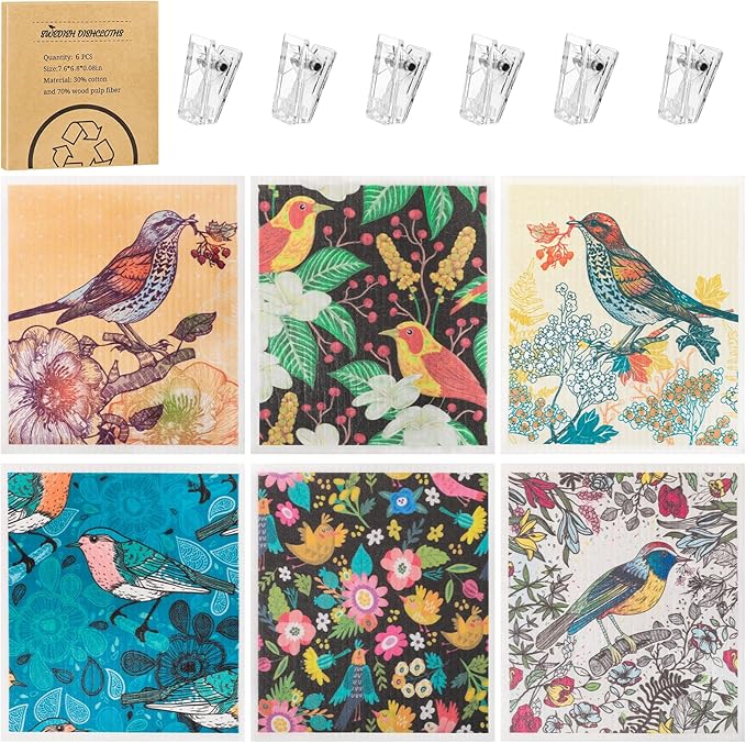 6 Pack Swedish Dishcloths for Kitchen, Swedish Rags Absorbent Retro Bird Dish by Needbrock