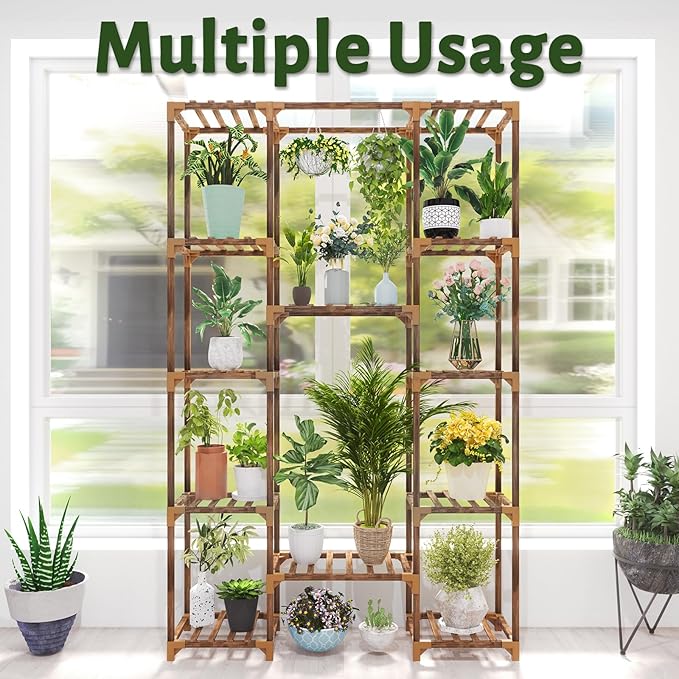 Uneedem Tall Indoor Outdoor Plant Stand - Large 12 Tier Plant Rack with Wooden Shelves for Room, Balcony, Garden, Patio - Image 5