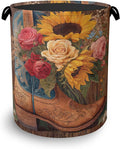 Cowboy Boots Laundry Basket, Wooden Sunflowers Foldable Oxford Cloth Tote Bag by Unknown