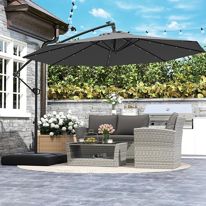 Tangkula 10ft Solar LED Patio Umbrella with Base, Offset Cantilever Outdoor Umbrella with 32 LED Lights, Infinite Tilt, 360 Degree Rotation, Crank Handle for Pool Deck Garden Backyard (Gray) - Image 3