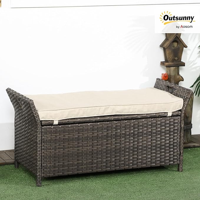 Outsunny 29 Gallon Patio Wicker Storage Bench, Outdoor PE Rattan Patio Furniture, 2-in-1 Large Capacity Rectangle Garden Storage Box with Handles and Cushion, Cream White - Image 2