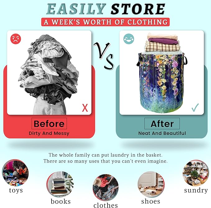 Beautiful Blue Green Floral Laundry Basket Foldable - Image 3