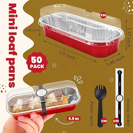 50 PACK Mini Cake Pans with Lids and Spoons, Rectangular Aluminum Foil Bread Pan - Image 3