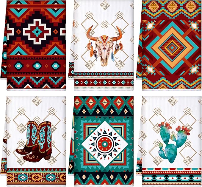 Boyiee Set of 6 Southwestern Kitchen Towels Boho Aztec Theme Dishtowel Native by Boyiee