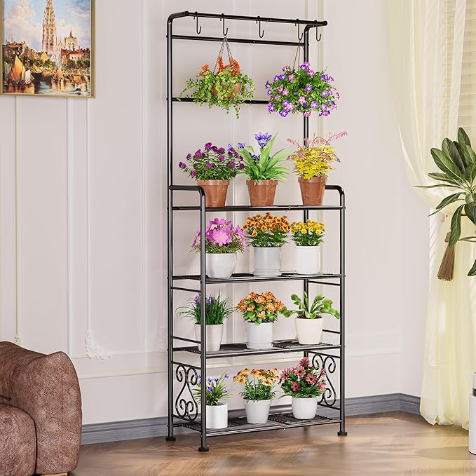 Plant Stand Indoor Outdoor Heavy Duty Metal - 68.4" Tall 4-Tier Shelf for Multiple Plants, Flowers, Rustproof Black Storage Rack for Patio, Balcony, Living Room, Garden, Includes Hooks&Adjustable Feet - Image 6