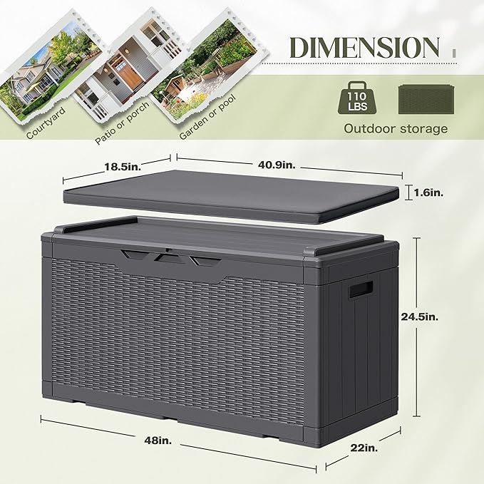 Greesum 100 Gallon Resin Deck Box Large Outdoor Storage with Cushions for Patio Furniture, Garden Tools, Pool Supplies, Weatherproof and UV Resistant, Lockable,Gray - Image 4