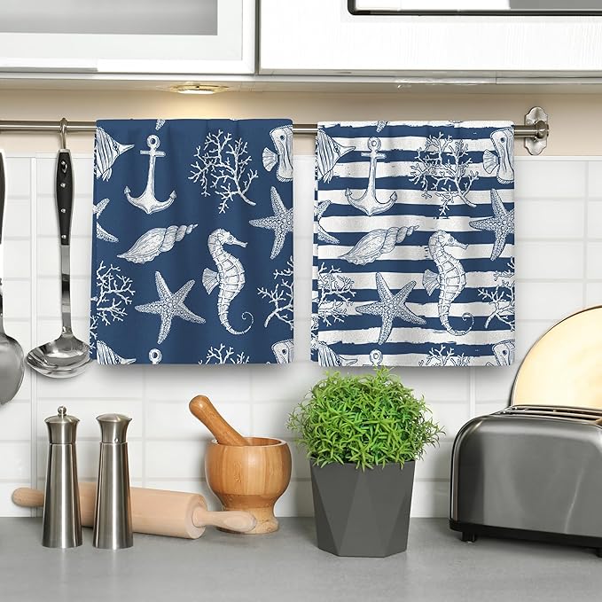 Blue Nautical Seahorse Corals Sea Turtle Kitchen Dish Towels Decorative Set of 4 - Image 5