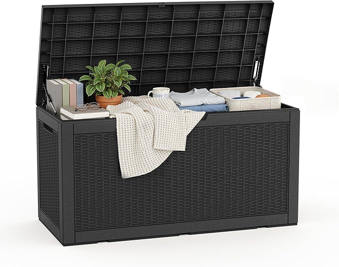 ROJIK Outdoor Storage Housing Deck Box - Waterproof Patio Furniture, Garden Tools, Cushions, Pool Accessories Storage Bench with Lockable Lid and Side Handles (Black 110 Gal) by ROJIK