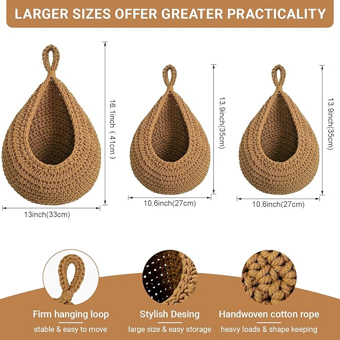 Hanging Fruit Baskets for Kitchen, 3 Pack Boho Cotton Rope Handwoven Vegetable - Image 2