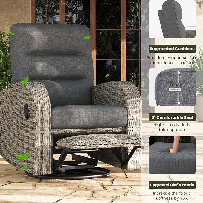 LayinSun Oversized Wicker Outdoor Swivel Glider Recliner with Adjustable Backrest & Footrest, Patio Reclining Lounge Chair - Set of 2 - Image 4