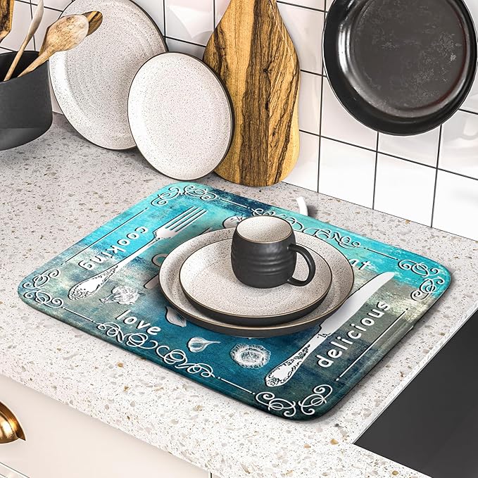 Blue Grey Dish Drying Mat 16x18 Inch Cooking Delicious Absorbent Drying Pad - Image 5