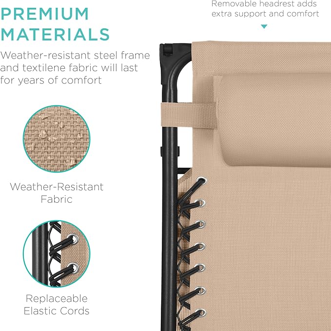 Best Choice Products 30” Wide Folding Zero Gravity Outdoor Recliner Patio Lounge Chair w/Adjustable Canopy Shade, Headrest, Side Accessory Tray - Beige - Image 7