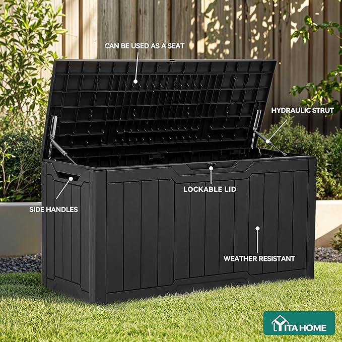 YITAHOME 80 Gallon Outdoor Storage Box, Large Water Resistant Resin Deck Box, Indoor Outdoor Lockable Storage Container for Patio, Garden, Cushions, Tools, Equipment (Black) - Image 3