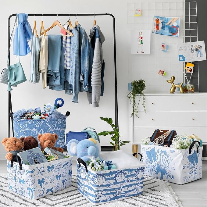 4 Pcs Coastal Beach Storage Basket Fabric Laundry Baskets - Image 6