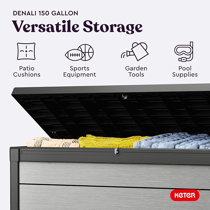 Keter Denali 150 Gallon Resin Large Deck Box with Double Wall 20mm Panels - Paintable and Drillable-Organization and Storage for Patio Furniture and Outdoor Items, Grey & Black - Image 4